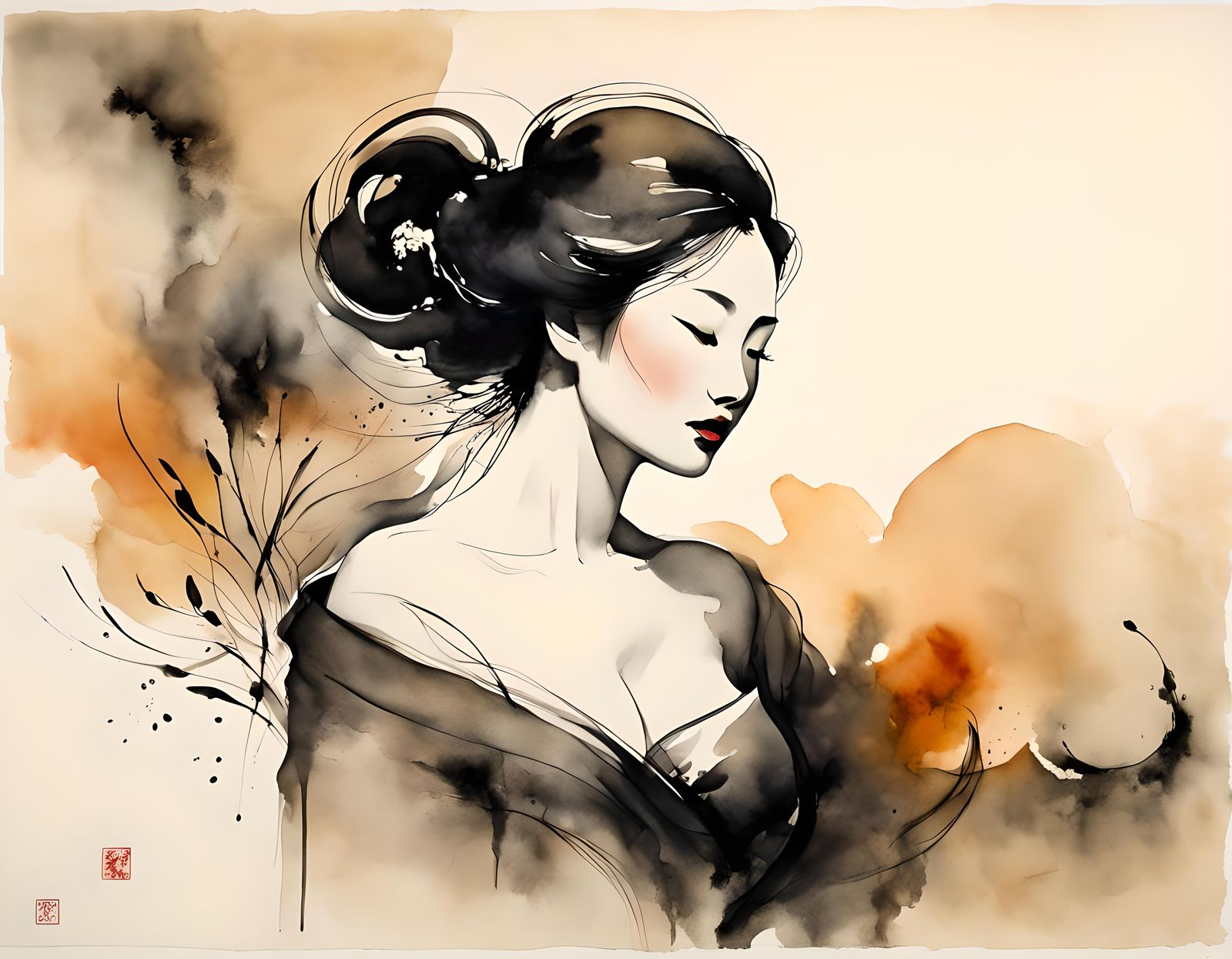 Japanese style artwork of young Japanese woman