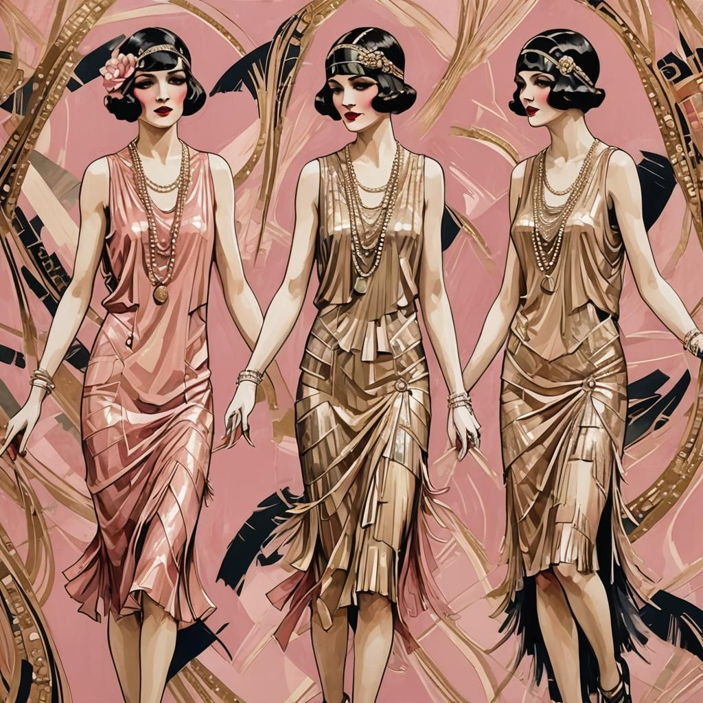 1920s Flapper Girls in Pink and Gold Abstract Art