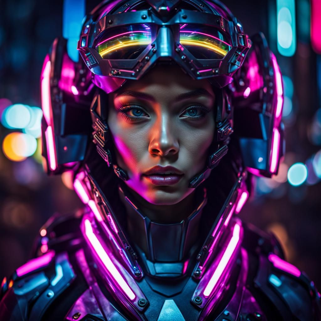 Cyborg Girl Portrait in Neon City, Hyperrealistic Style