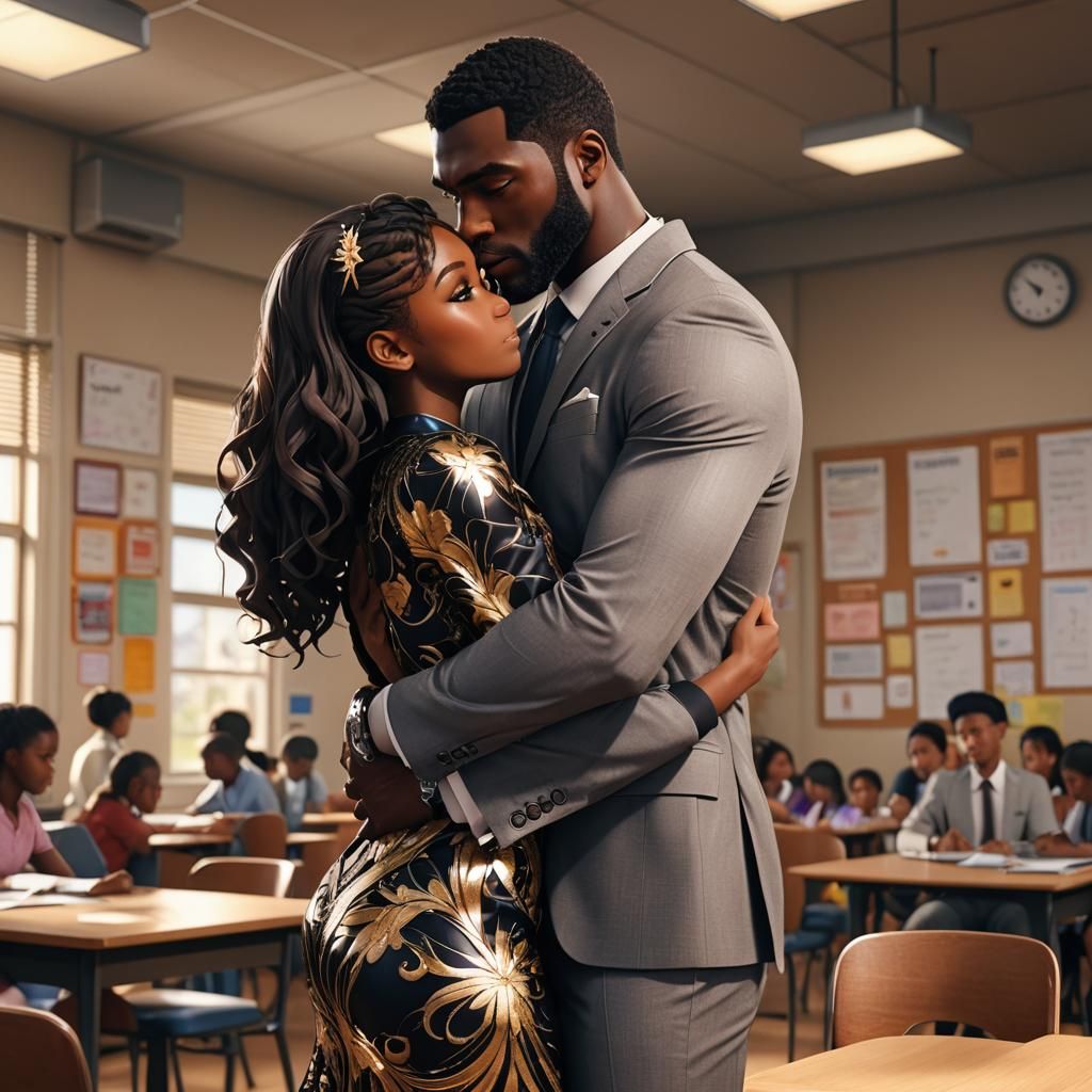 Anime Teacher and Student Embrace in Classroom