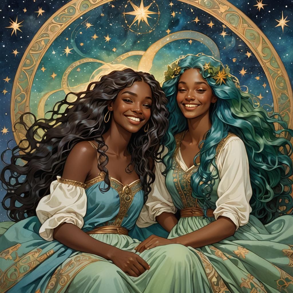 Fantasy Portrait: Women Laughing Under the Stars in Art Nouv...