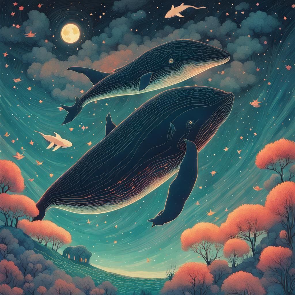 Flying whales in night sky