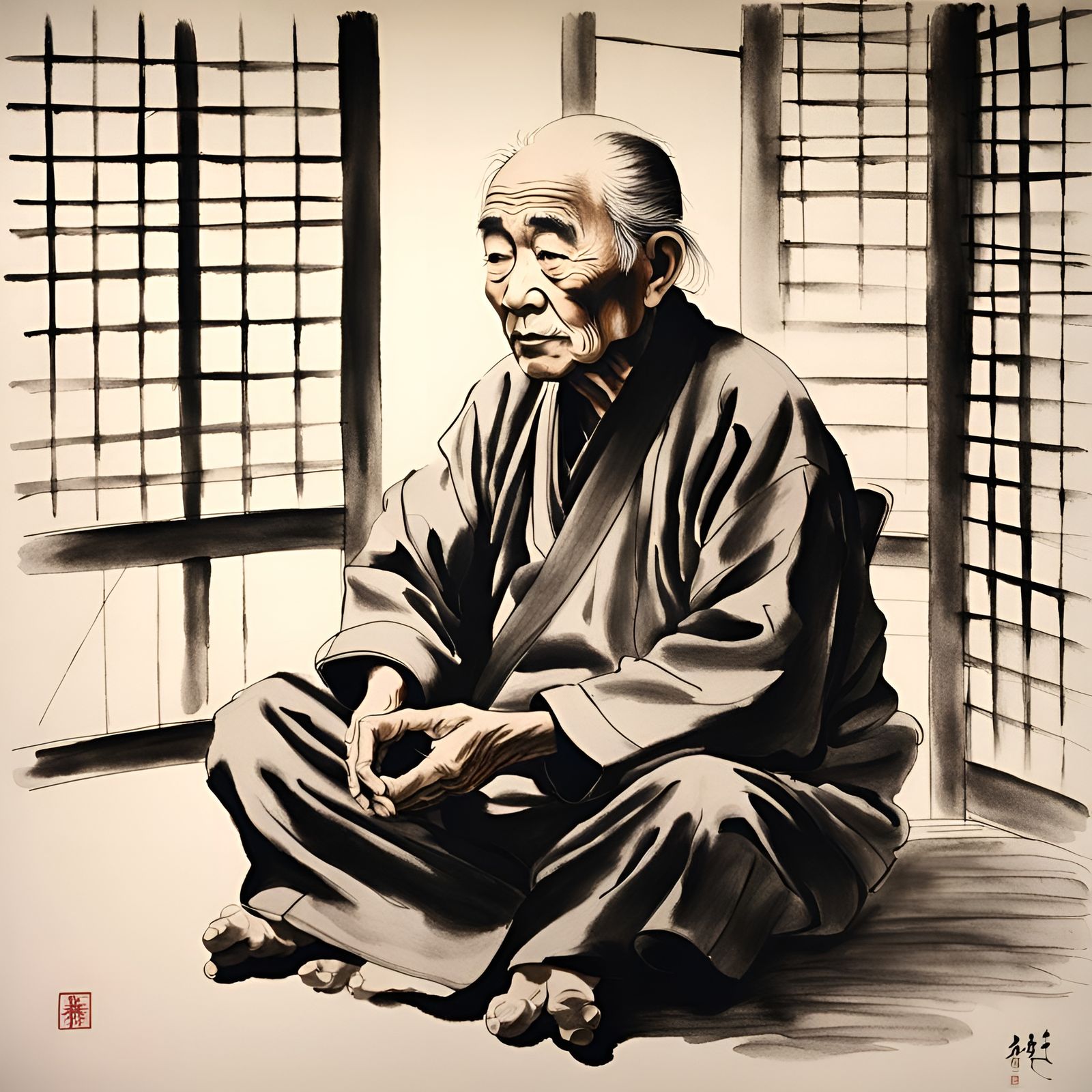Elderly Japanese Man in Traditional Sumi-e Style