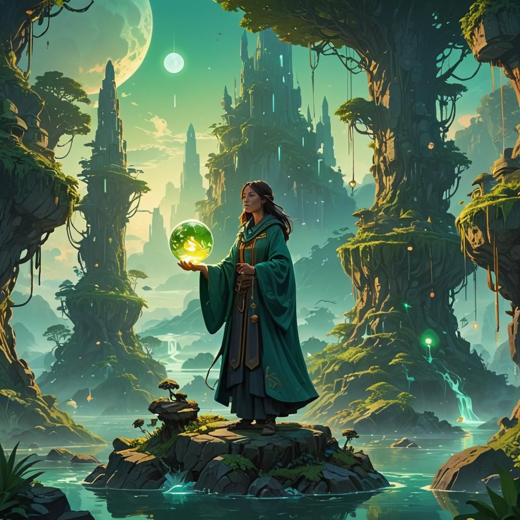 Mystical Sorceress with Jade Artifact in Floating Islands