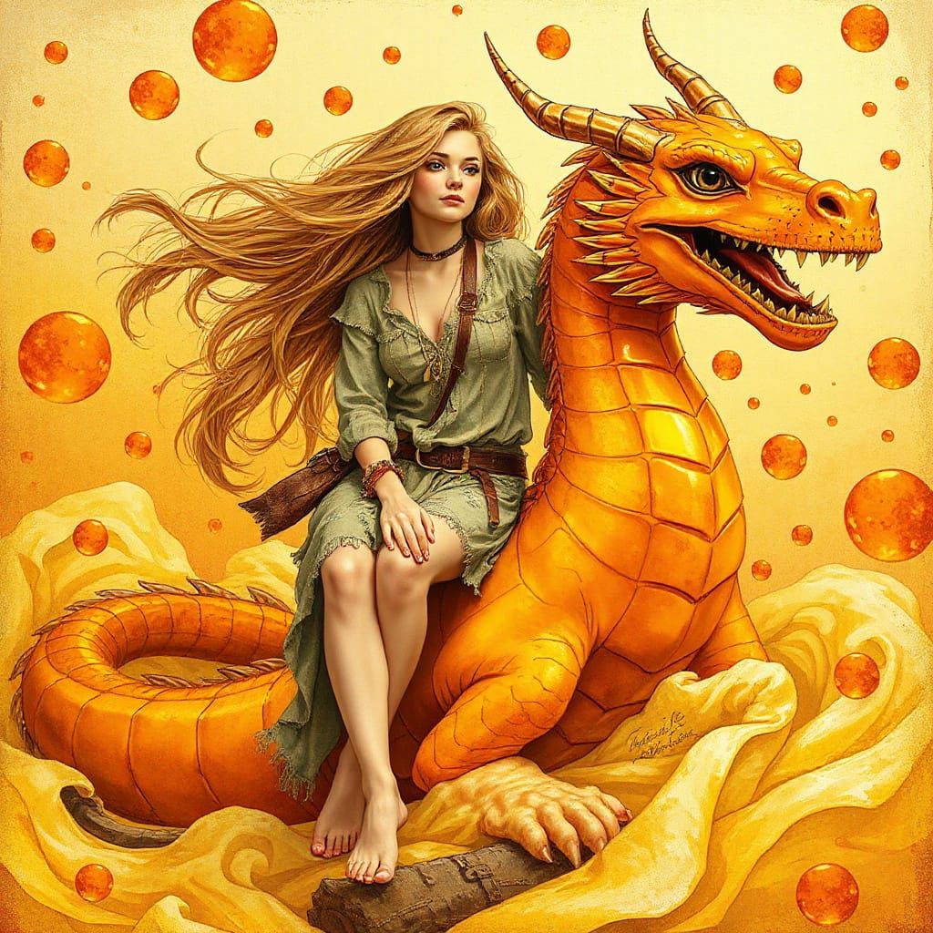 Woman on Gummy Dragon in Effervescent Soda Sea