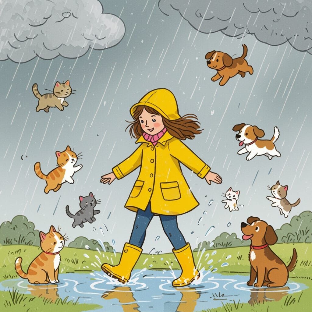 Raining Cats and Dogs: Whimsical Storybook Illustration