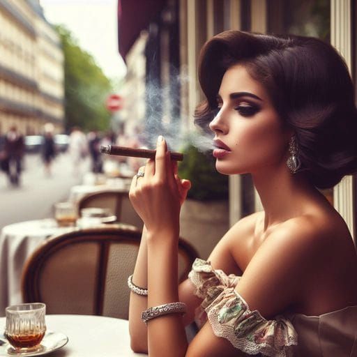 Elegant Woman Smoking Cigar in Paris Cafe