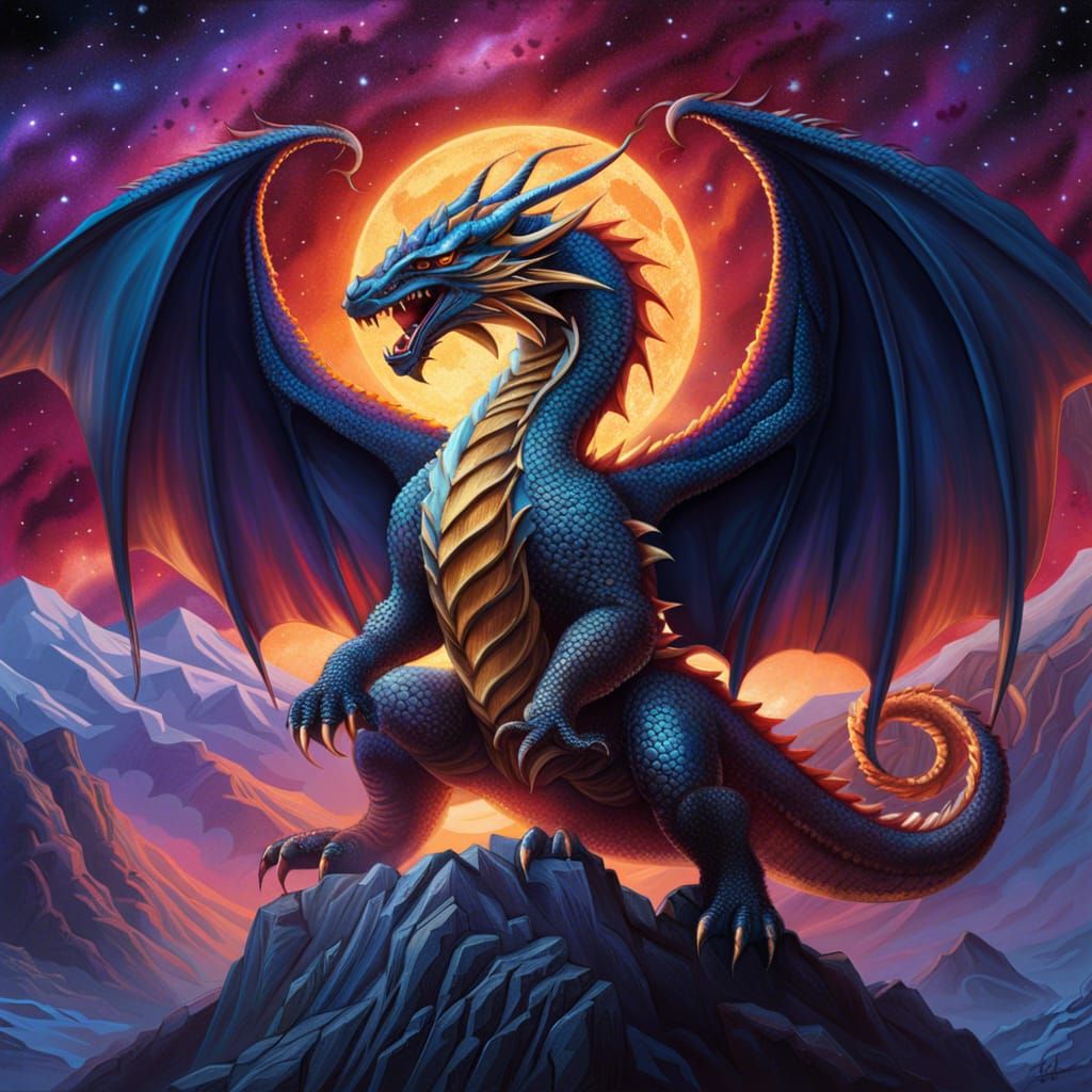 Majestic Dragon with Sword on Cosmic Background