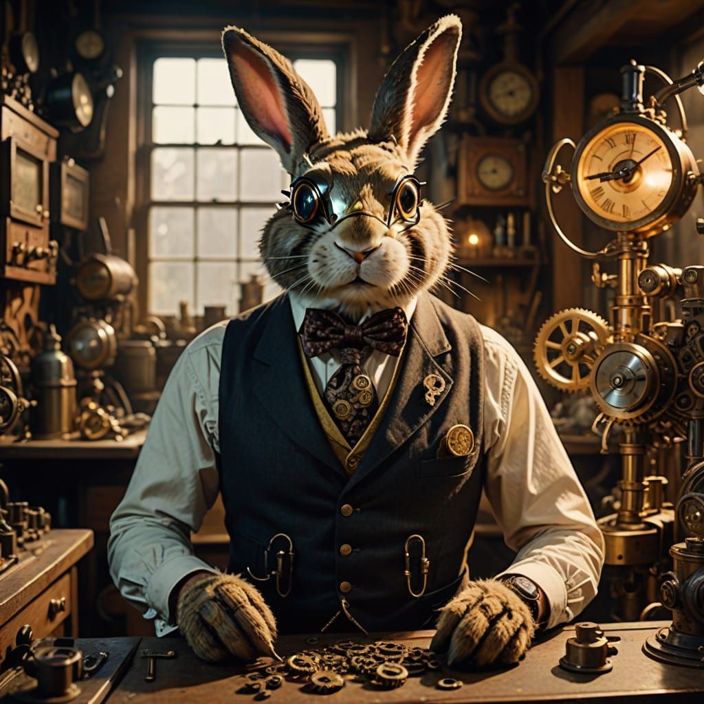 Steampunk Easter Bunny in Victorian Workshop