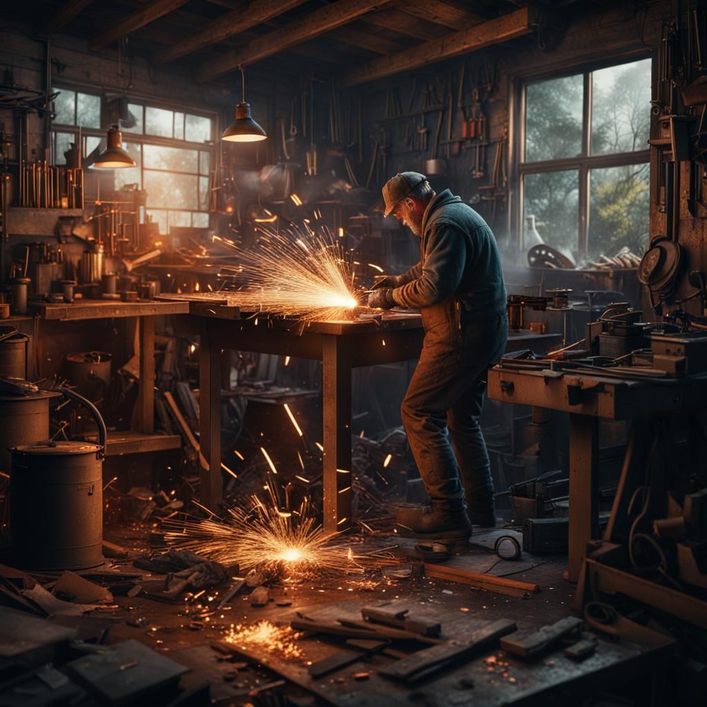 Metalworker in Shed Creating Sparks: Digital Matte Painting