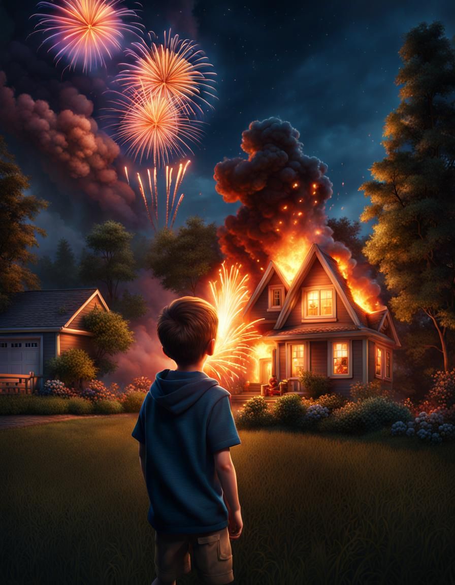 Excited Boy Watches Firework in Matte Painting Style