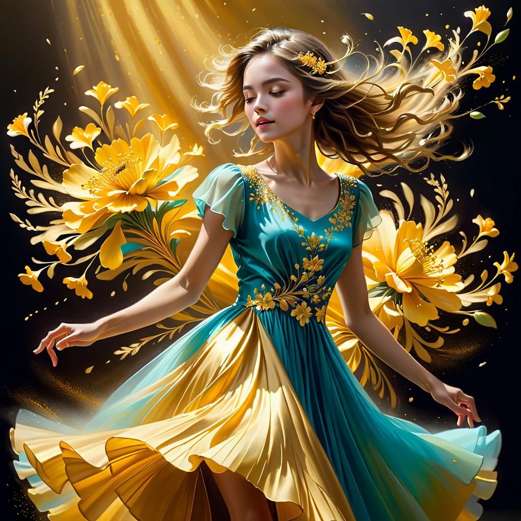 Woman Dancing with Golden Flowers in Pastel Colors