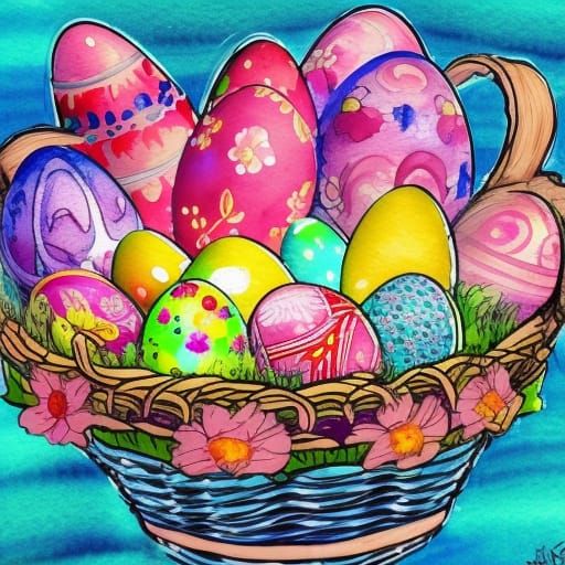 Easter Eggs in Flowery Basket: Watercolor Graffiti Art