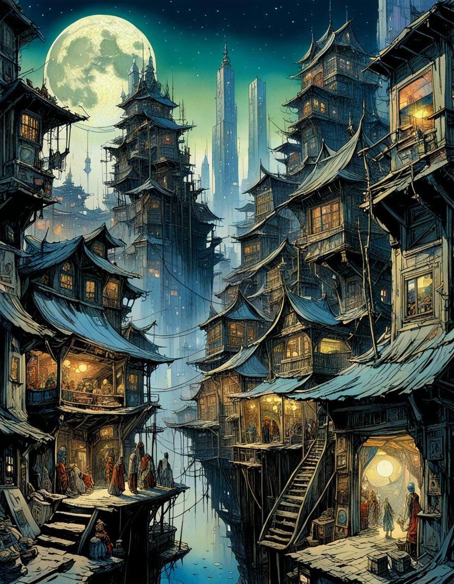 Spellbound Slum Cityscape under Lunar Towers