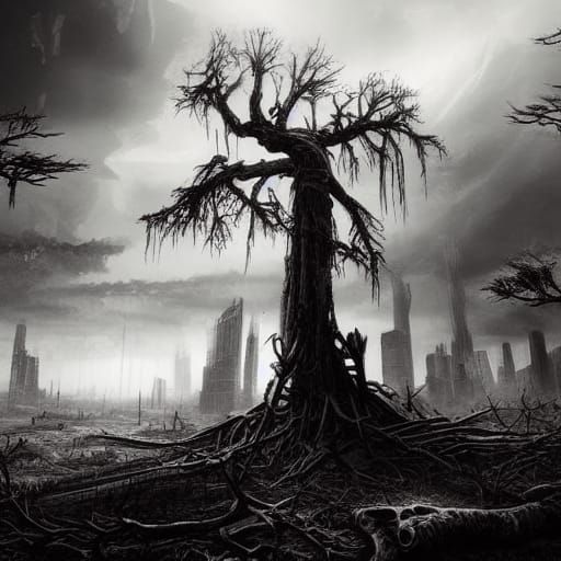 Glowing Red Trees in Post-Apocalyptic City