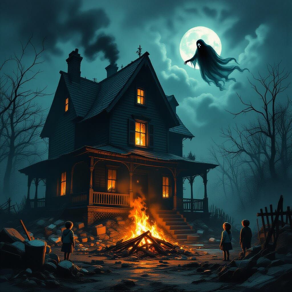 Spooky Gothic House Amidst Burning Trash Heap