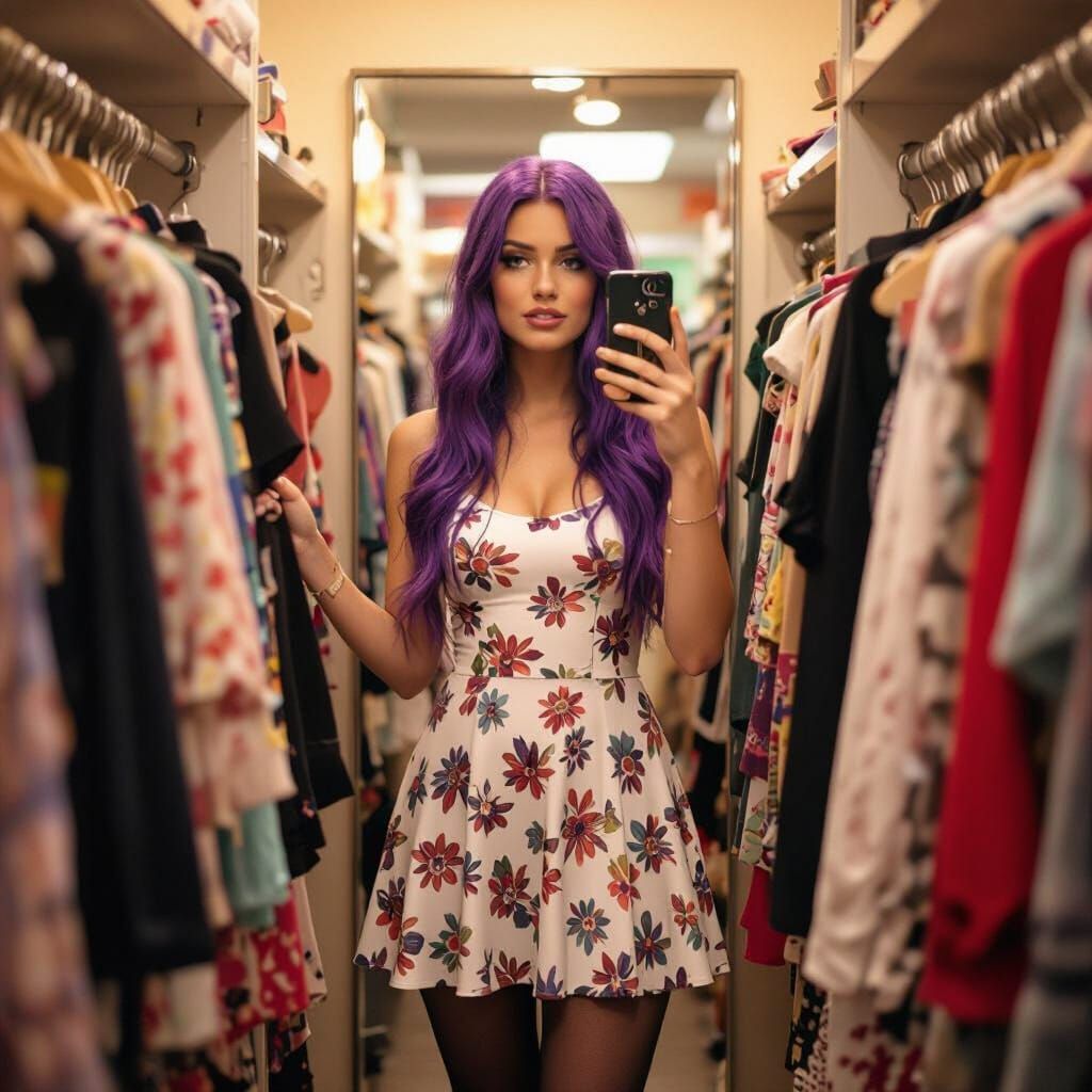 Purple Haired Woman Tries Skater Dress in Thrift Store