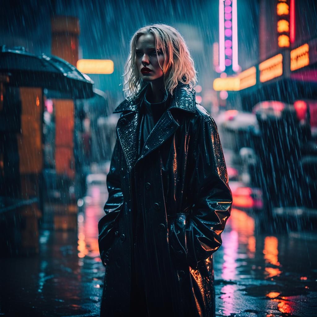Moody Blonde in Retro-Futuristic Rainy Cityscape