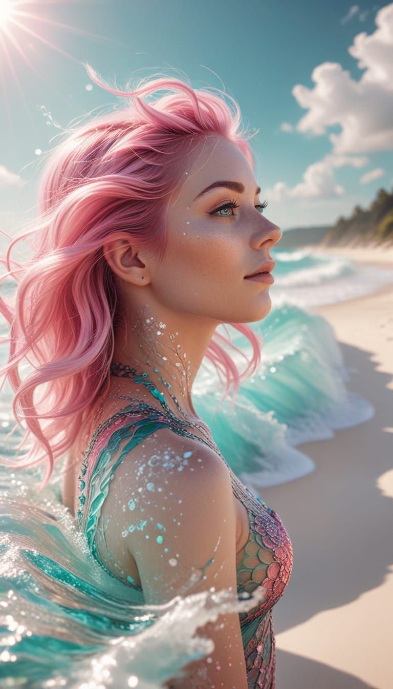 Pink-Haired Girl on Beach in Abstract Style