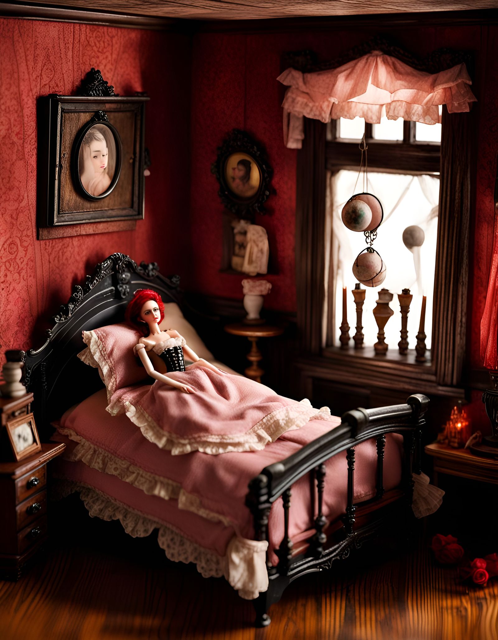 Dollhouse Bordello: Corseted Doll in Dramatic Interior