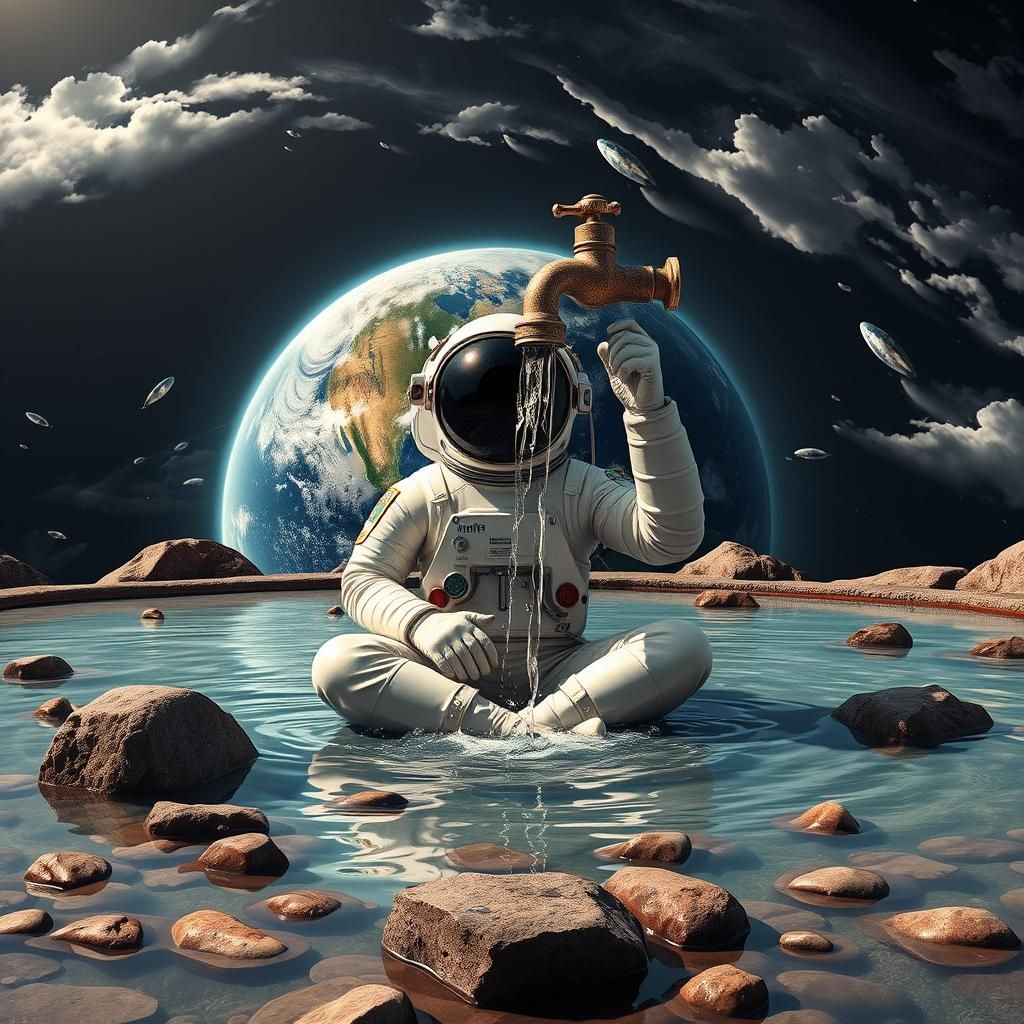 Astronaut with Faucet in Surreal Earth Landscape