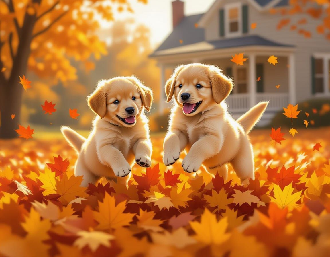 Two puppies leaping into a mountain of orange leaves on a su...