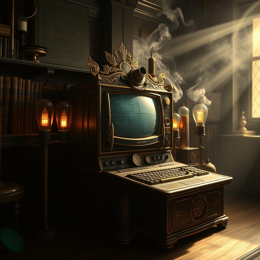 Victorian Computer with Brass and Glowing Tubes