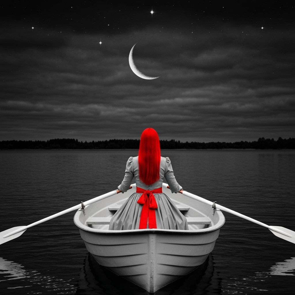 Dramatic Woman in Rowboat with Red Hair and Moon
