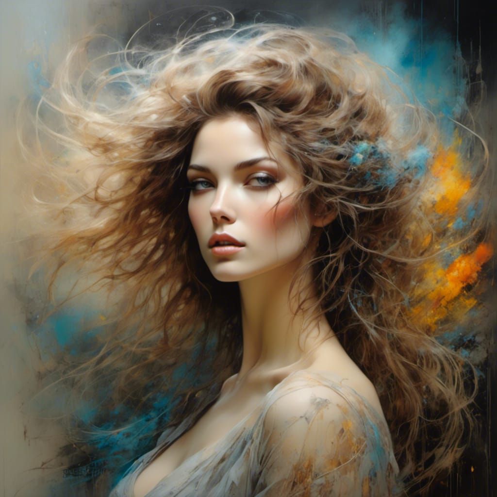 Windblown Beauty in a Swirling Smoke Dreamscape