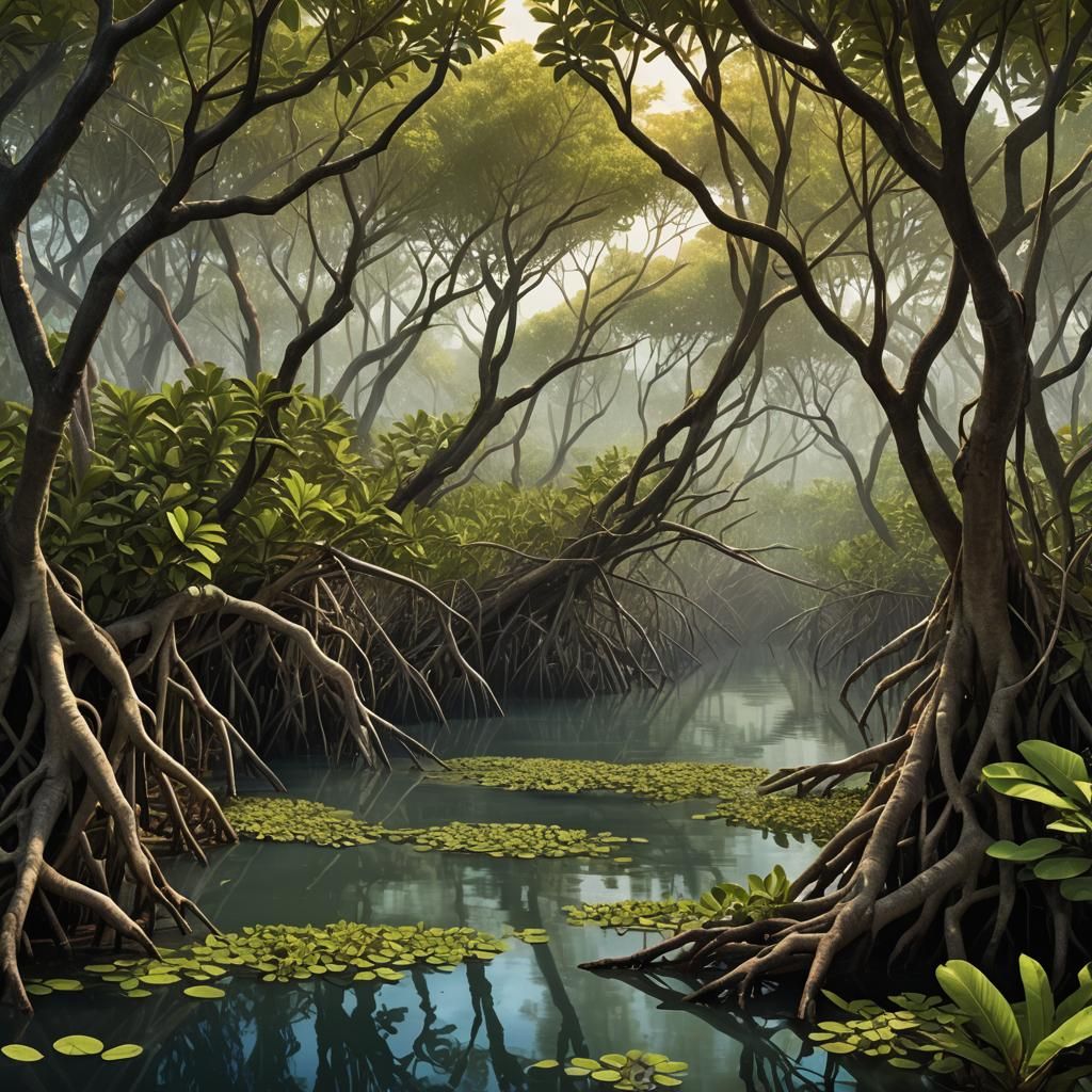 Lush Mangrove Forest Ecosystem in Detailed Matte Painting