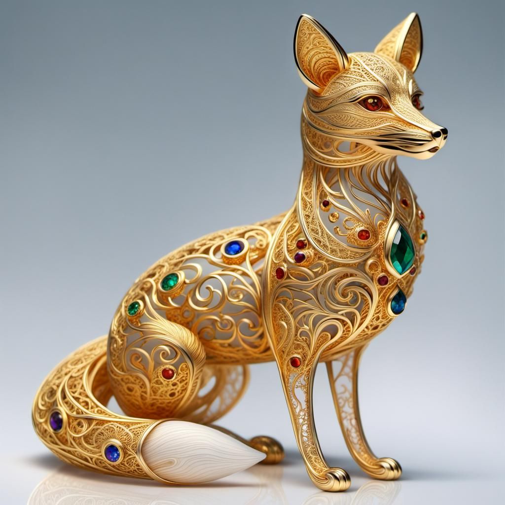 Majestic Fox Gold Gemstone Filigree Jewelry