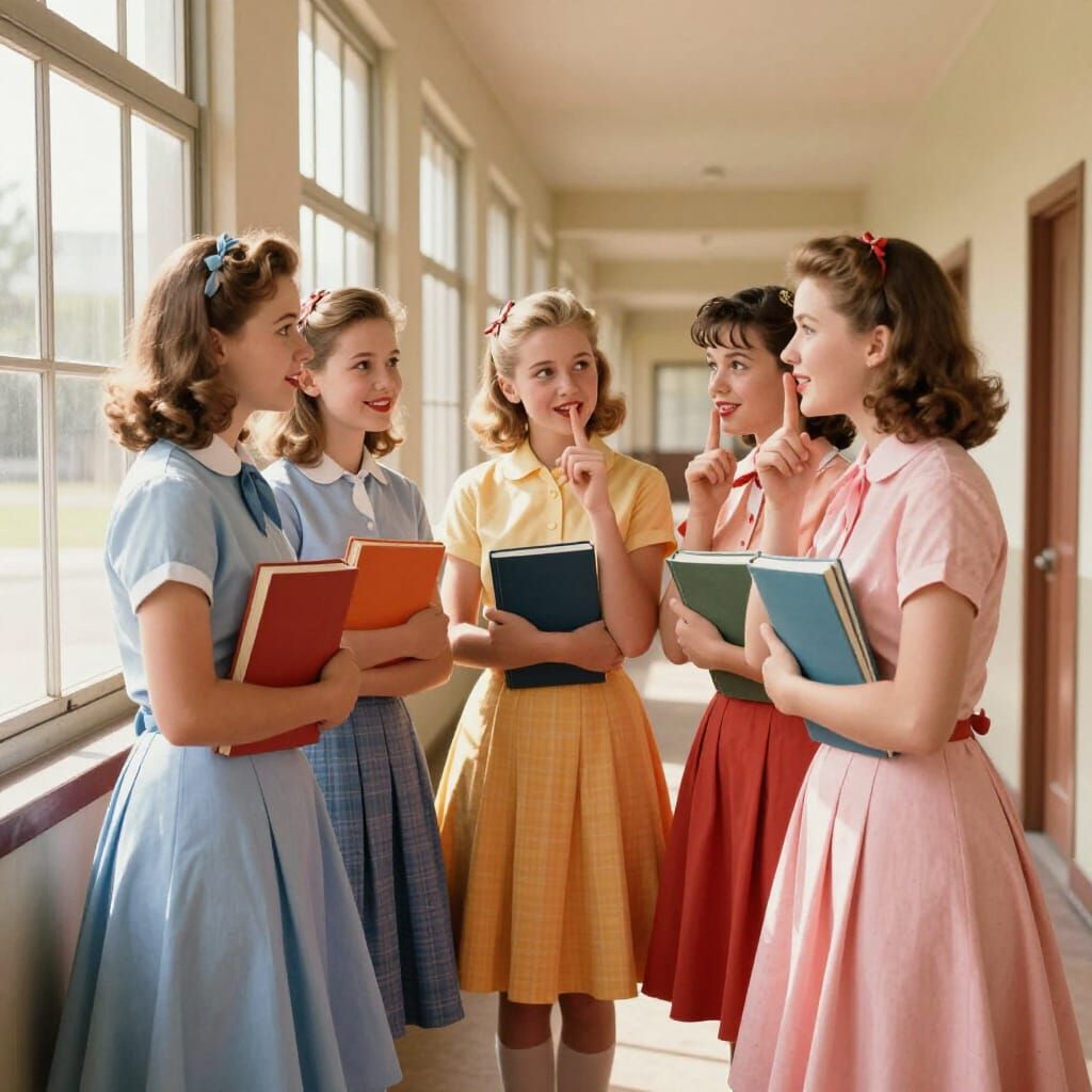 1950s Schoolgirls Share Secret in Nostalgic Illustration
