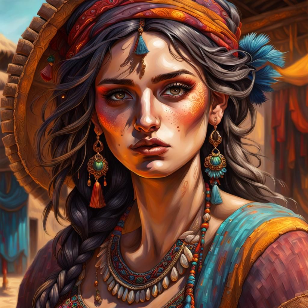 Hyperrealistic Gypsy Girl Portrait in Splash Art Style