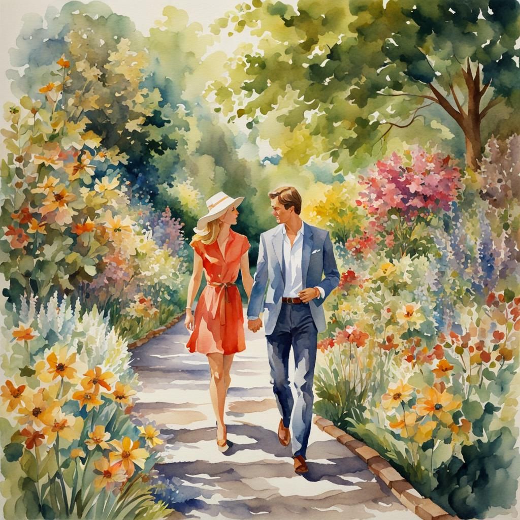 Watercolor Painting of Couple in Garden