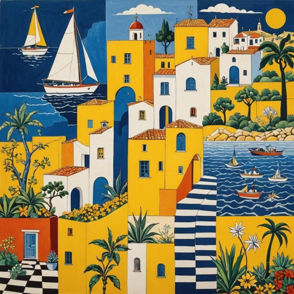 Mediterranean Scenes in Naive Patchwork Style