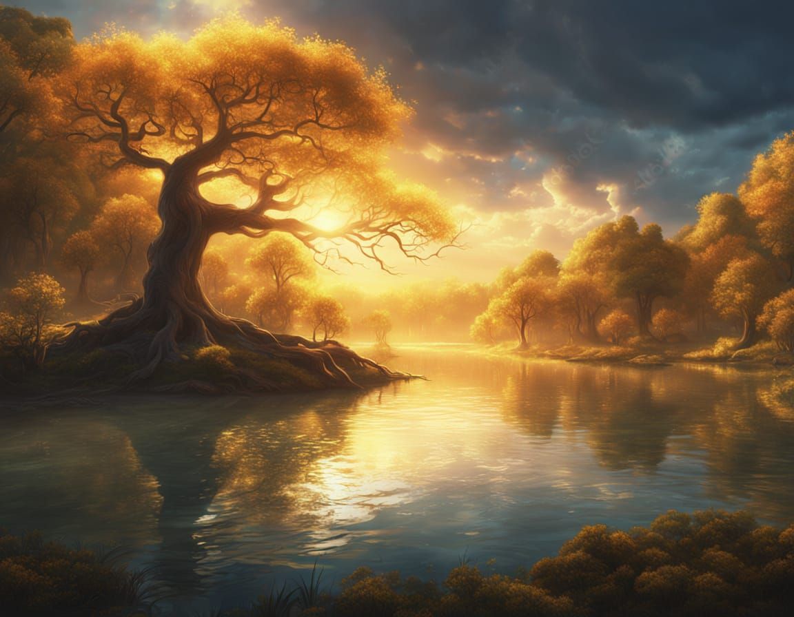 Ethereal Being Creates Majestic Forest Under Golden Sky