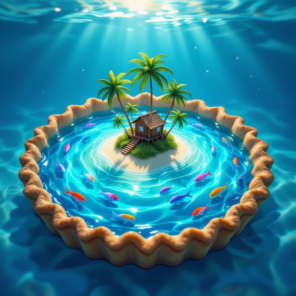 Tropical Island Pie Slice in Dreamlike Animation Style