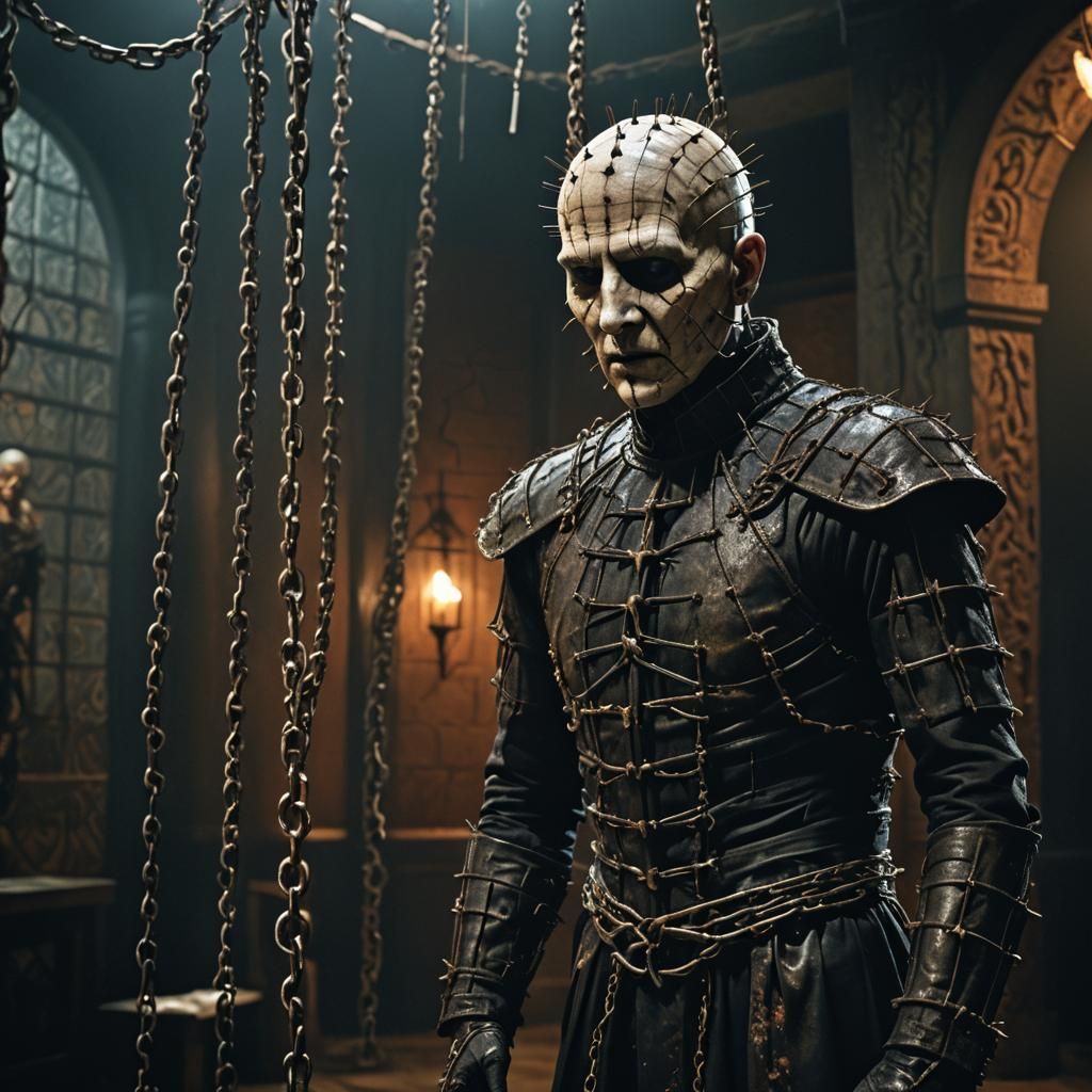 Horrific Pinhead in Gothic Horror Chamber: Hyperrealistic 8k