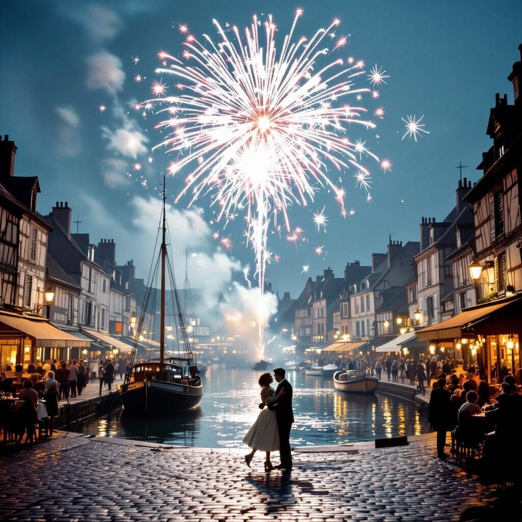 Honfleur's Old Harbor, 1950s Fireworks Display