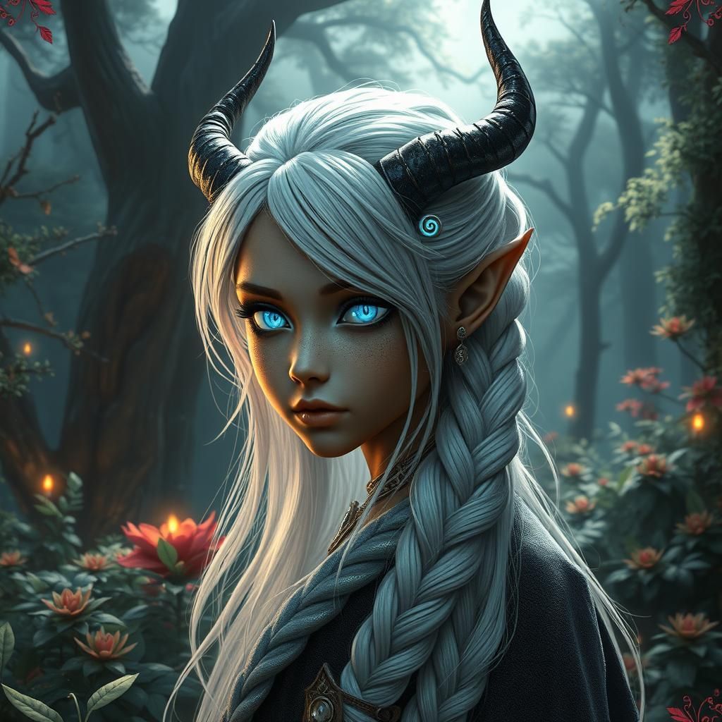 Elvish Girl with Azure Eyes and Devil Horns