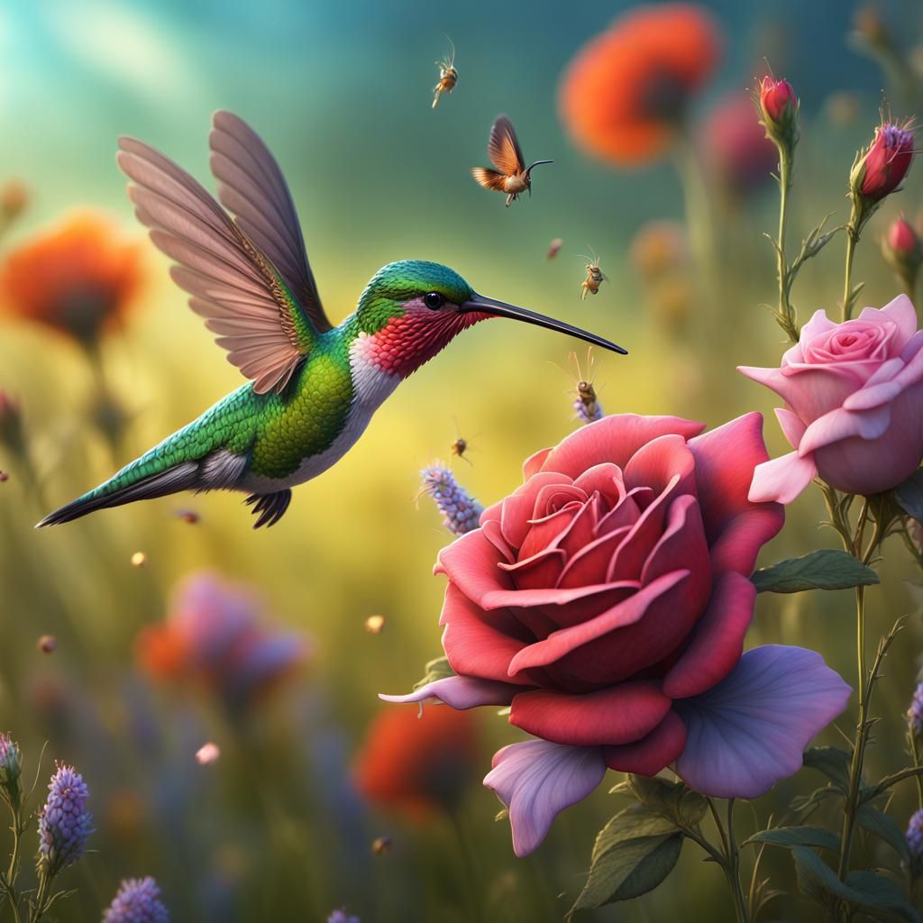 Hyperrealistic Hummingbird in a Wildflower Meadow