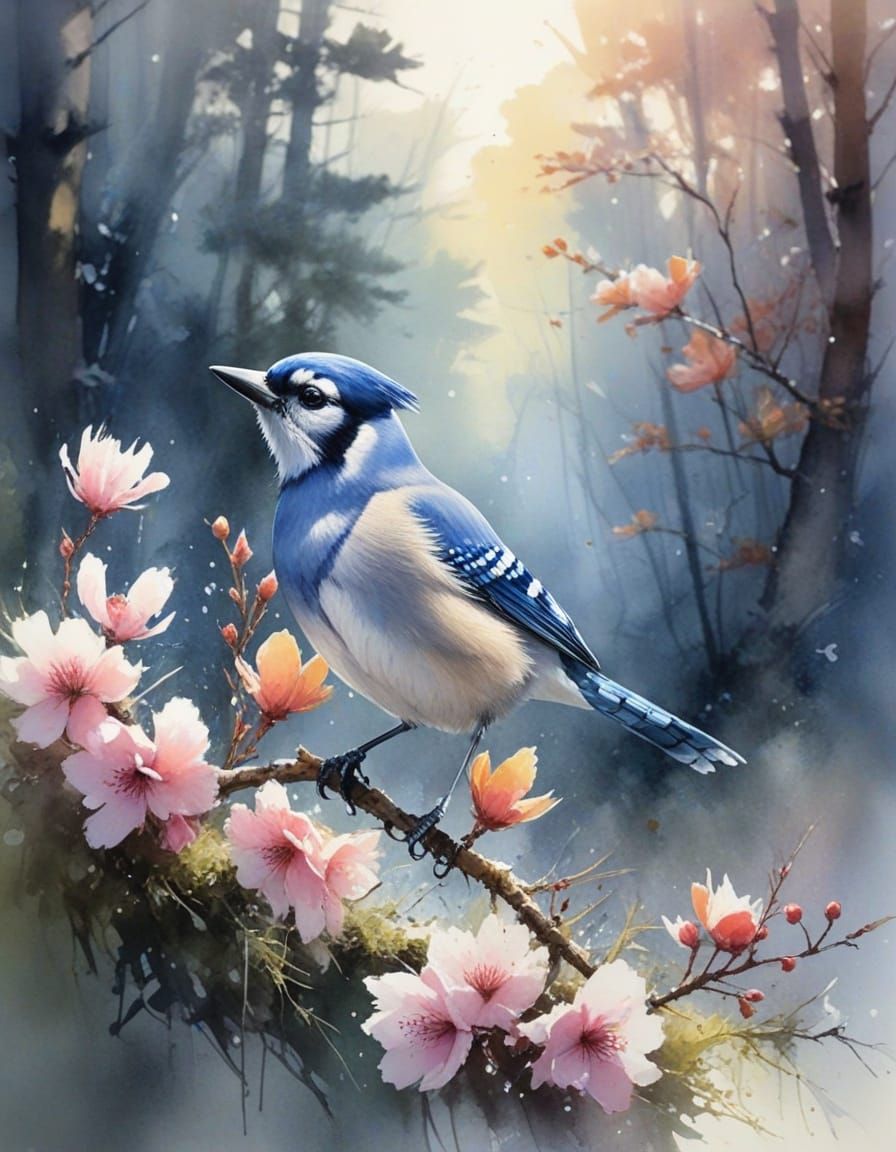 Bluejay on Moss Branch in Watercolor Spring Forest