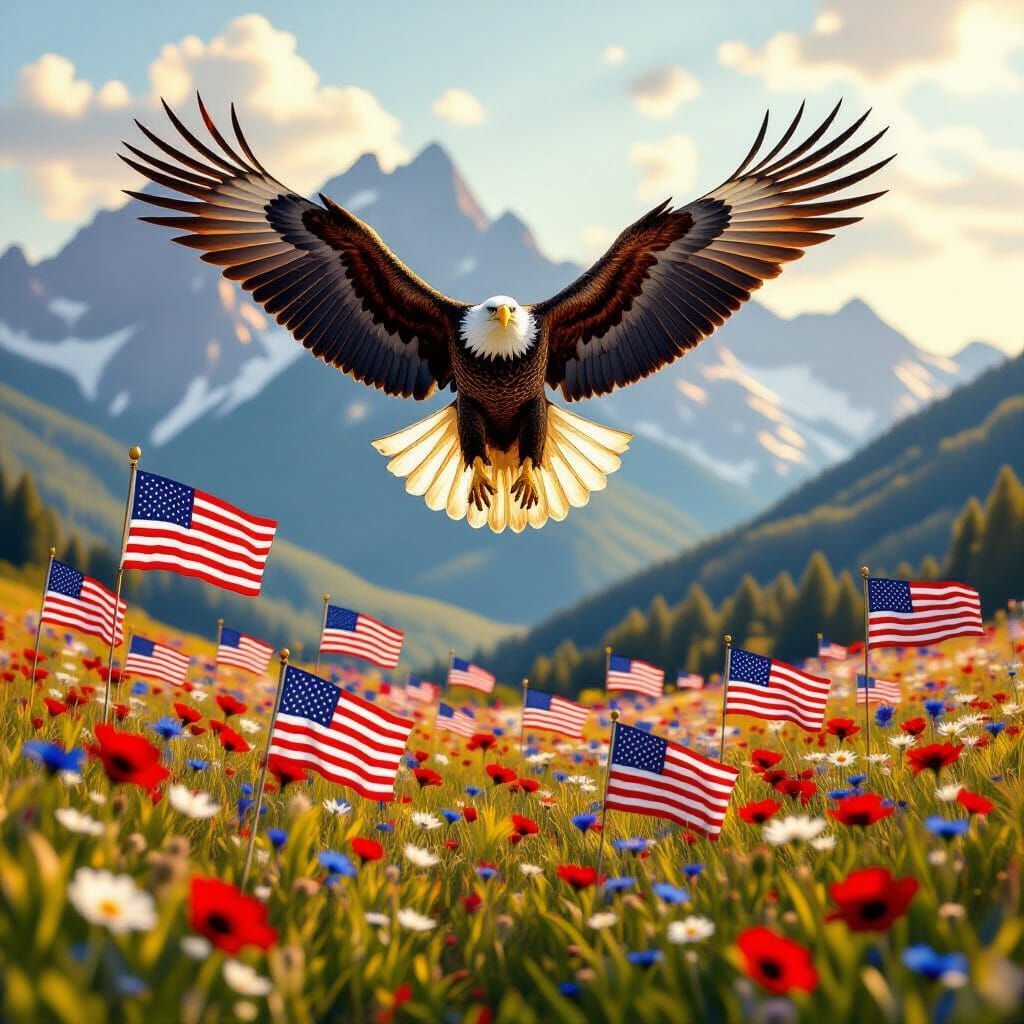 Golden Bald Eagle Overlooking American Meadow