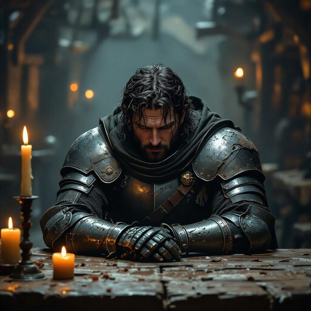 Knight Rests in Dimly Lit Smoky Tavern