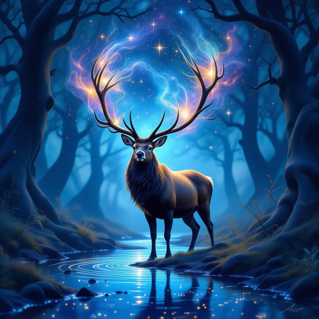 Cosmic Stag in Moonlit Forest Digital Painting