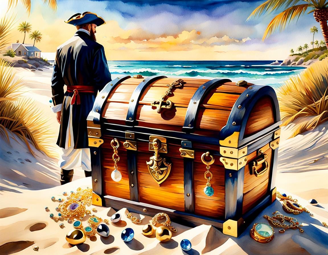 Pirate Treasure Chest on Sunlit Beach, Watercolor Art