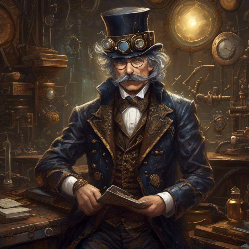 Steampunk Professor in Dimly Lit Laboratory