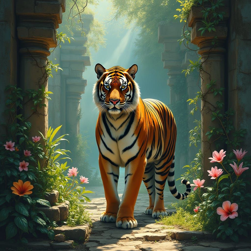 Tiger in Abandoned Monk Temple, Jungle Paradise