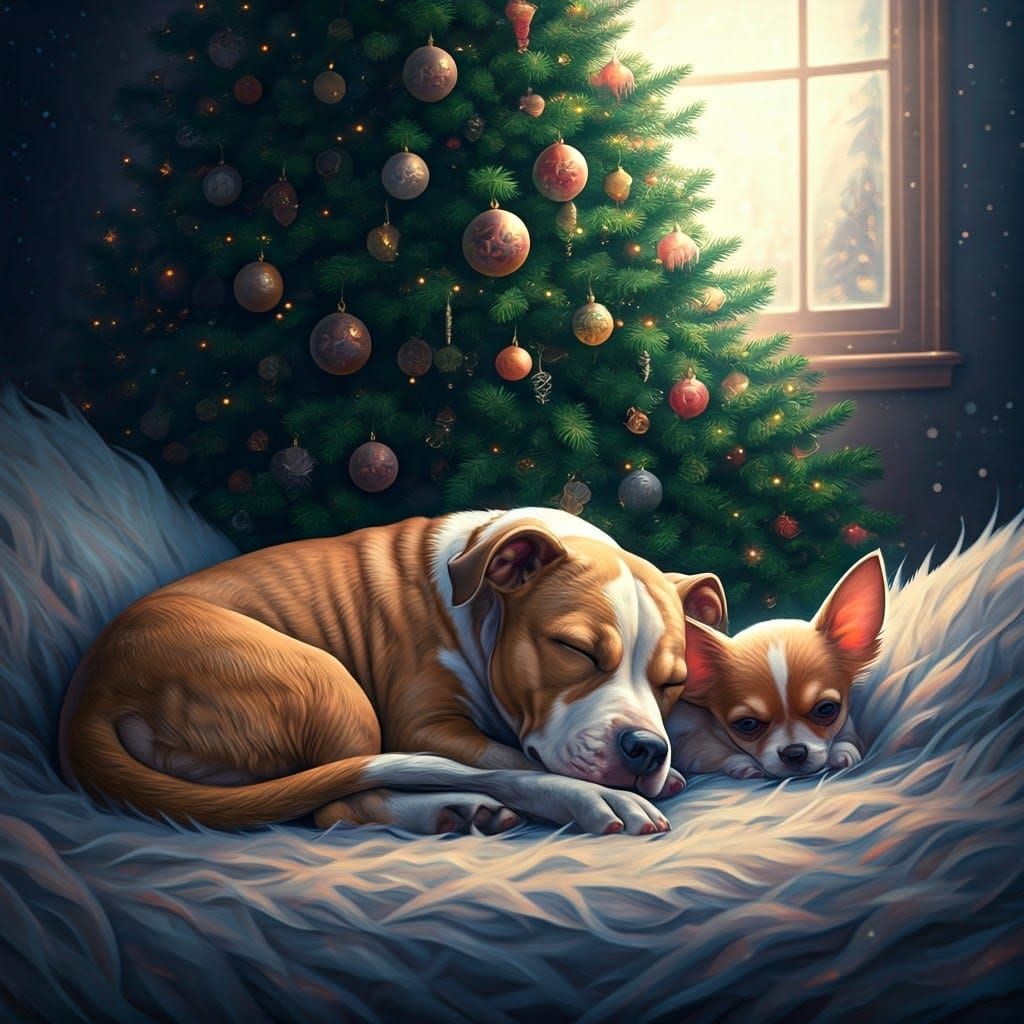 Dreamlike Christmas Scene with Sleeping Dogs
