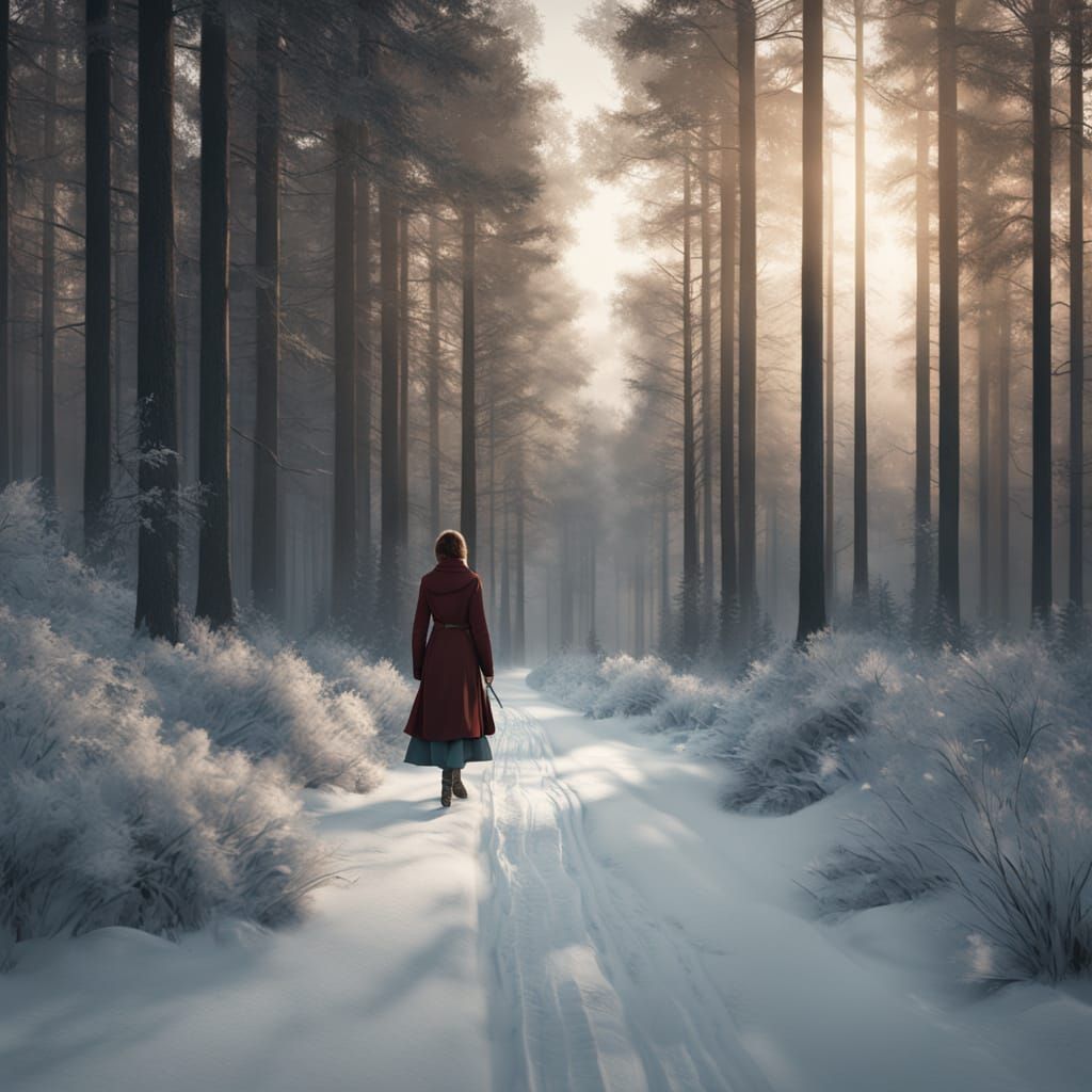 Art Nouveau Teen Girl Bikes Through Snowy Forest